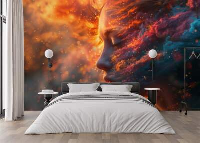 3D depiction of a mind in creative overdrive colors bursting from the head in vivid splendor. Wall mural