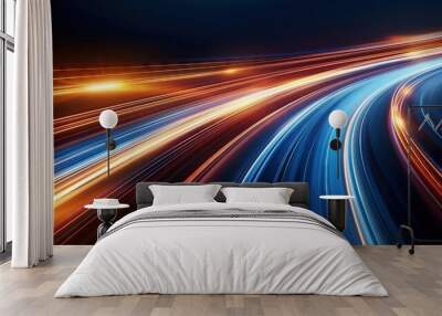 Abstract background with blue and orange light lines. Fast movement on a dark background high speed technology concept Digital data transfer design Wall mural