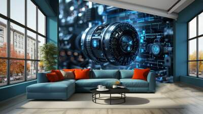 Electric motor engineering concepts aerospace complex industrial components cooling system Cabling digital display Wall mural