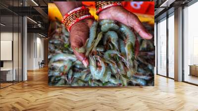 prawn in hand huge prawn harvest success of shrimp farming shrimp sale in indian fish market Wall mural