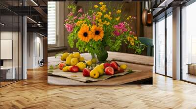 Photorealistic flowers and fruit on a table in a country kitchen Wall mural