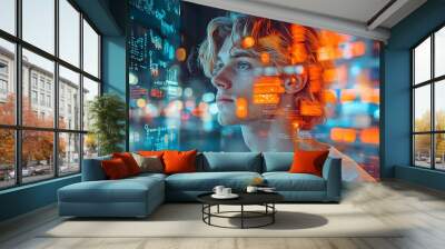 A young man gazes thoughtfully at digital data in a futuristic environment, surrounded by vibrant colors and technology. Wall mural