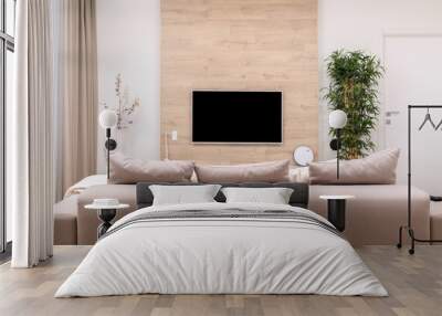 Modern minimalistic luxury apartment with couch and pillows and flat-screen lcd TV on the wooden wall, vase and plant Wall mural