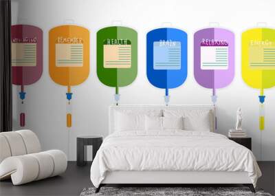  IV of vitamin drips for good health for advertise about color of power daily drip vitamin and minerals therapy for health and skin. By 3D vector. Wall mural