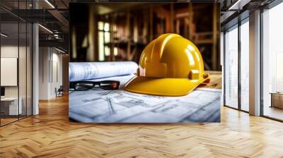 Construction helmet on a blueprint in a house construction site Wall mural