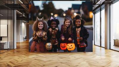 Diverse group of children and kids in halloween costumes trick or treating in the suburbs in a neighborhood Wall mural