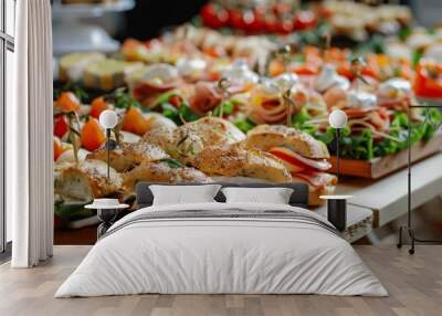 Elegant catering buffet table with delicious sandwiches canapes and appetizers for celebration event Wall mural