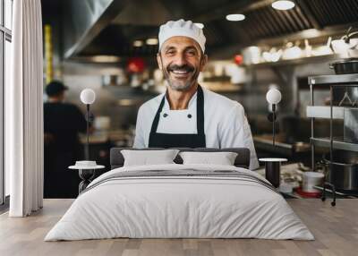 Middle aged british caucasian chef working in a restaurant kitchen smiling portrait Wall mural