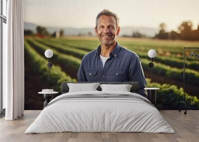 Middle aged caucasian farming smiling on his farm field Wall mural