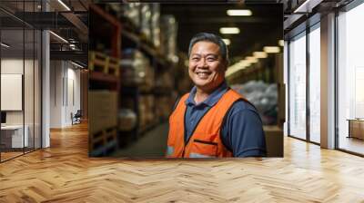 Portrait of a joyful middle aged Asian male warehouse worker Wall mural