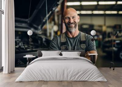 Portrait of a middle aged male car mechanic in workshop Wall mural