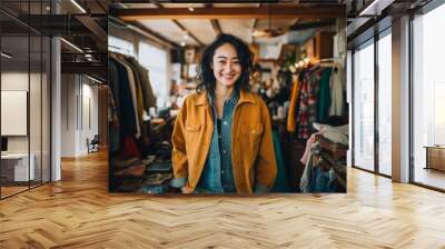 Portrait of a smiling Asian woman owner of second hand shop Wall mural