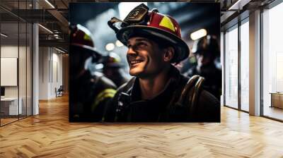 Portrait of a smiling male fire fighter in station Wall mural