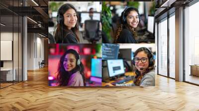 Portrait of a smiling young hispanic female IT support worker in startup company office Wall mural