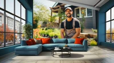 Portrait of a young male gardener in the backyard Wall mural