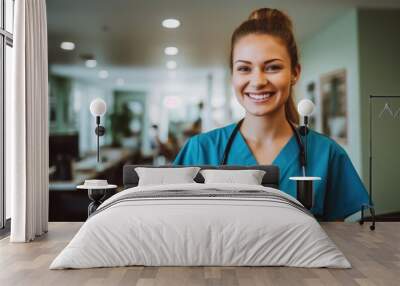 Smiling portrait of a happy female caucasian nurse working in an office Wall mural