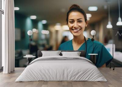 Smiling portrait of a happy female caucasian nurse working in an office Wall mural