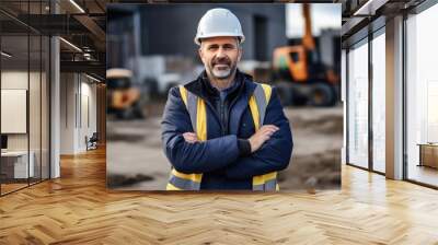 Smiling portrait of a happy male british developer or architect working on a construction site Wall mural