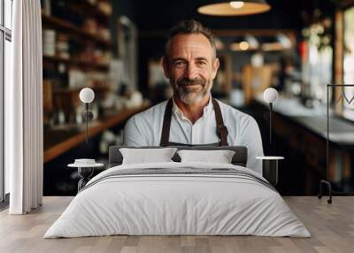 Smiling portrait of a happy middle aged caucasian small busness and restaurant owner in his restaurant Wall mural