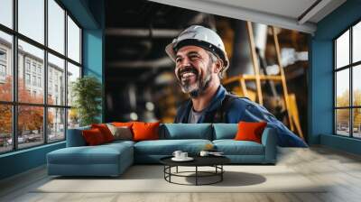 Smiling portrait of a middle aged male oilrig worker working on an oilrig on the pacific ocean Wall mural