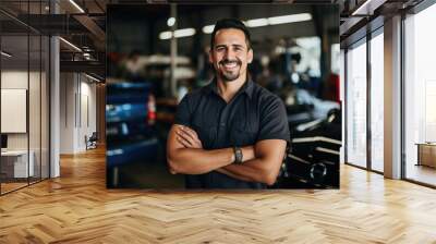 Smiling portrait of a middle aged mexican car mechanic working in a mechanics shop Wall mural