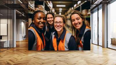 Smiling portrait of a young and diverse group of female warehouse workers Wall mural