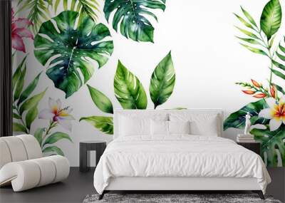 Watercolor of Tropical spring floral green leaves and flowers s isolated on transparent png background, bouquets greeting or wedding card decoration, with Generative Ai. Wall mural