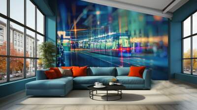 night tram in the city ,colorful nigh traffic in the city  Wall mural