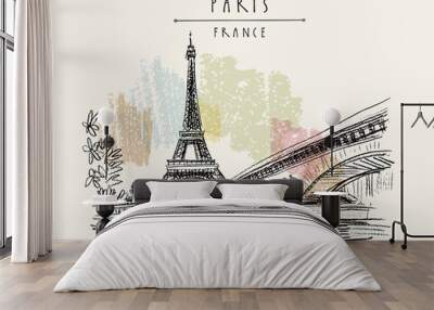 Eiffel Tower in Paris, France. Vintage hand drawn touristic postcard Wall mural