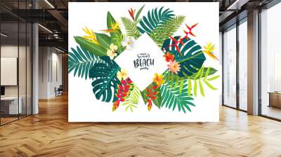 Hawaiian vector tropical floral card. Lush Balinese summer beach party illustration. Goa, Thailand, Brazil beach greenery frame. Maldives vacation parties jungle flower bouquet template Wall mural