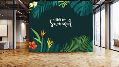 Hello Summer vector tropical jungle horizontal, banner template. Calligraphic summer design. Monstera, hibiscus, bird of paradise flowers, tropical plants. Summertime aloha illustration Wall mural