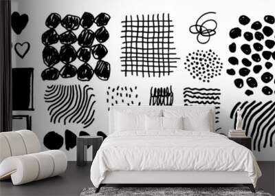 Line texture set. Black vector hand-drawn doodle background patterns. Pen marker scribbles, circles, lines and hatches. Rough grungy textures. Isolated strokes, stripes, hearts, crosshatches art Wall mural