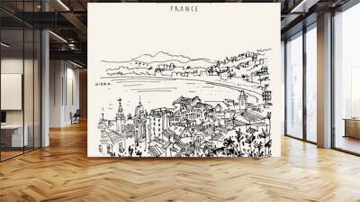 Nizza (Nice), France, Europe. Cozy European town on French Riviera, waterfront. Mediterranean sea. Hand drawing. Travel sketch. Vintage touristic postcard Wall mural