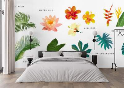 Set of vector realistic tropical leaves and flowers with names isolated on white background. Artistic botanical illustration Wall mural