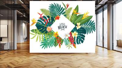 Tropical floral greeting card. Vibrant summer design with hibiscus and plumeria against lush jungle. Watercolor illustration framed by greenery. Modern template for beach weddings or vacation parties Wall mural