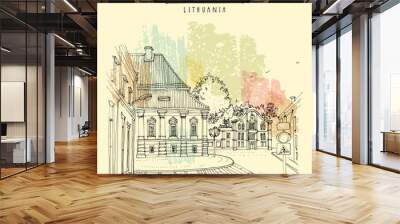 Vector Kaunas, Lithuania, Europe touristic postcard. Old town beautiful heritage buildings, street. Lithuanian travel sketch, line drawing, engraving. Vintage hand drawn artistic poster, greeting card Wall mural