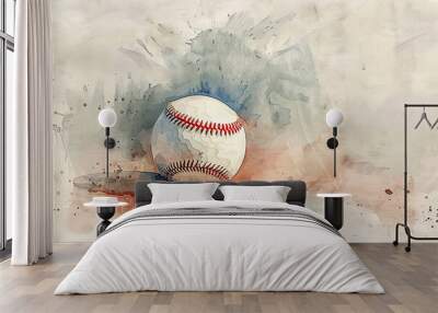 A baseball is sitting on a red and brown background Wall mural