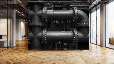 A black pipe with many joints and valves Wall mural