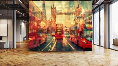 A busy city street with red double decker buses and cars Wall mural