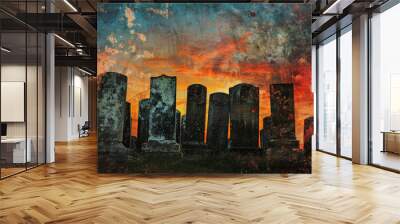 A city skyline with a sunset in the background Wall mural