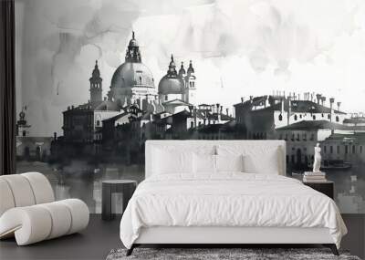 A cityscape with a large cathedral in the background Wall mural