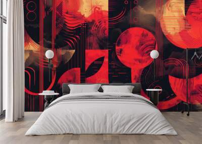 A colorful abstract painting with red and black shapes Wall mural