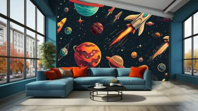 A colorful space scene with planets and rockets Wall mural