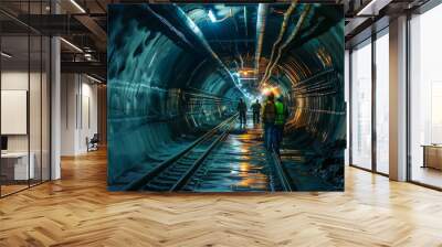 A group of men are walking down a train tunnel Wall mural