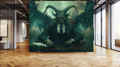 A man in a suit and tie sits at a desk with a book in front of him Wall mural