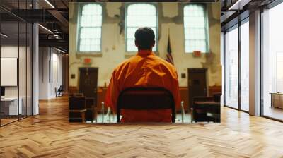 A man in an orange jumpsuit sits in a chair in a room with a flag hanging on the Wall mural