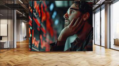 A man is looking at a computer screen with a lot of red numbers on it Wall mural