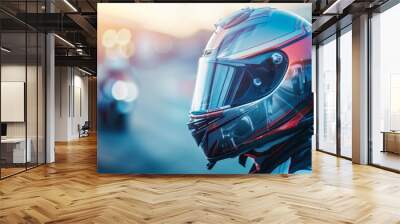 A man wearing a helmet is standing on a racetrack Wall mural