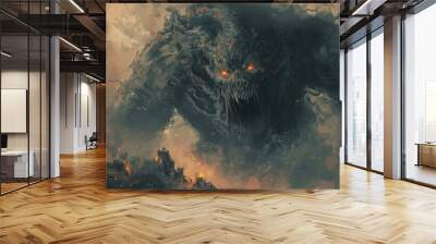 A monster with red eyes and a huge mouth is shown in a dark, apocalyptic scene Wall mural