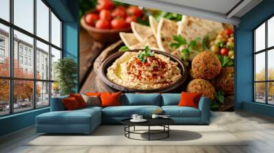 A plate of food with a bowl of hummus and a bowl of pita chips Wall mural